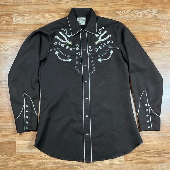 Vintage H Bar C Embroidered Pearl Snap Western Brown Ranch Wear Spurs Mens Sz M - Picture 1 of 5